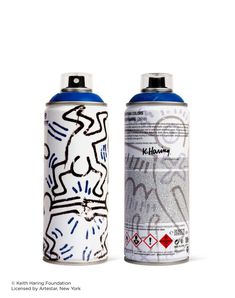 two cans of spray paint with graffiti on the top and bottom, one blue and white