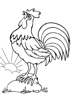 a rooster standing on top of a rock with the sun in the background coloring page