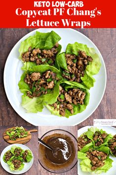 lettuce wraps filled with meat and sauce on top of a white plate next to two