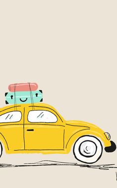 a drawing of a yellow car with luggage on top