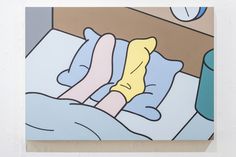 a painting of someone laying in bed with their feet on the pillow