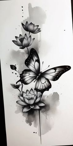 a black and white drawing of two butterflies flying over water lilies