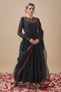 Black anarkali with resham embroidery on the bodice. Paired with a pant and dupatta with contrast border. - Aza Fashions Traditional Black Floor-length Churidar, Black Fitted Anarkali Traditional Wear, Black Anarkali For Festive Occasions, Black Anarkali Style Sharara In Georgette, Black Anarkali Traditional Wear For Diwali, Black Anarkali Set For Diwali With Straight Kurta, Black Straight Kurta Anarkali Set For Diwali, Black Anarkali Dupatta For Transitional Season, Black Transitional Anarkali Set With Traditional Drape