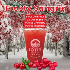 Photo of Frosty Sangria Lotus. It is made with 1.5 oz of gold lotus with 0.5 oz of sangria flavored syrup, 0.25 oz of cranberry, and 0.25 oz of raspberry flavoring. Lotus Energy Drink Flavors, Lotus Energy Drinks, Lotus Drinks, Lotus Recipe, Lotus Energy, Energy Drink Recipe