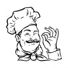 a black and white drawing of a man in a chef's hat holding his hand up