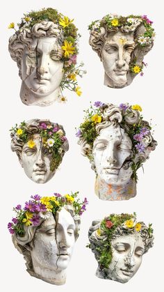 four heads with flowers in their hair and one is wearing a flower crown, the other has