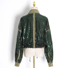 SK Sequin Bomber Jacket - Shop Kpellé Drawstring Coat, Sequin Coats, Leather Pleated Skirt, Sequin Jacket, Cold Shoulder Long Sleeve, Long Sleeve Sequin, Green Sequins, Womens Turtleneck, Blue Denim Jacket