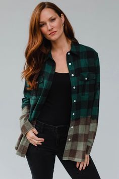 Get your lumberjack on with our Green & Black Plaid Shirt. The ombre fade bottom adds a unique touch to this classic flannel button down. Perfect for those who want to stand out in a sea of plaid shirts. Model is 5'10" and wearing her true size Small. Small: Bust 20”, Length 29��” 100% Cotton. Winter Flannel, Black Plaid Shirt, Fall Flannel, Black Flannel, Flannel Women, Green And Black, Cardigan Tops, Bottom Clothes, Black Plaid