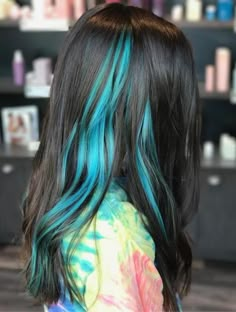 Bright Blue Highlights In Brown Hair, Hair Dye Section Ideas, Teal Highlights In Brown Hair, Pops Of Color Hair, Blue Hair Color Highlights, Blue Peekaboo Highlights, Jj Hair, Blue Hair Streaks, Blue Brown Hair