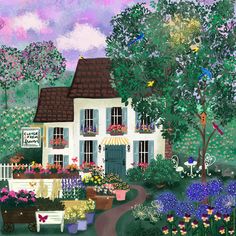 a painting of a white house surrounded by flowers