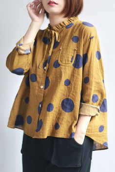 Plus Size-Linen Polka Dot Print Shirt Long-sleeved Loose Top Women Yellow Blouse With Pockets, Polka Dot Long Sleeve Tops With Button Closure, Polka Dot Button-up Blouse For Fall, Casual Polka Dot Blouse For Spring, Collared Cotton Polka Dot Tops, Collared Polka Dot Cotton Top, Polka Dot Collared Cotton Top, Polka Dot Cotton Collared Top, Long Sleeve Polka Dot Top With Relaxed Fit