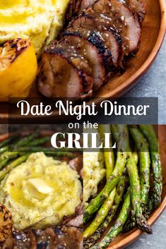 a plate with meat, mashed potatoes and asparagus on it that says date night dinner on the grill