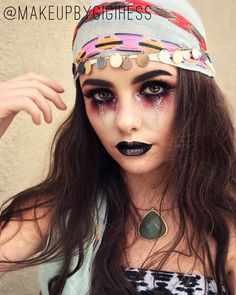 Fortune Teller Face Paint, Fortune Teller Makeup Tutorial, Jipsys Costume, Gypsea Halloween Costume, Creepy Fortune Teller Makeup, Unique Halloween Makeup, Mystical Beings, Theme Nights