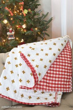 a christmas tree is in the background with a red and white checkered blanket draped over it