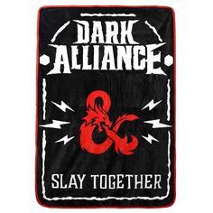 a black and red blanket that says dark alliance slay together with an octopus on it