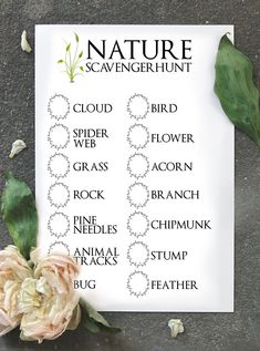 the nature scavenger hunt printable is displayed on a table with flowers and leaves