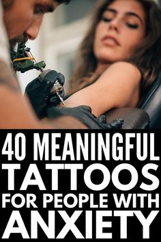 a man and woman sitting next to each other with tattoos on their arms, the text reads 40 meaningful tattoos for people with anxiey