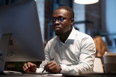 Black In Tech, Professional Black Man, Man On Computer, Guy Office, Flyers Background, Office Photography, Black Success