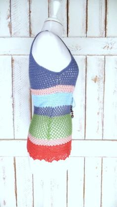 "90s vintage blue/green striped crochet knit cotton sleeveless tank top Measurements... taken flat -marked size: no label -estimated fit: small -bust: 16.5\" (41.9 cm) -length: 25\" (63.5 cm) Features... -crochet cotton knit -beaded waist tie -unlined Condition... -great vintage condition -light wear/fading RF1769" Sleeveless Crochet Tank Top For Beach Season, Crochet Sleeveless Tank Top For Beach Season, Green Summer Vest For Beach, Green Summer Beach Vest, Green Vest For Beach In Summer, Fitted Multicolor Beach Vest, Striped Knit Tank Top For Summer, Casual Green Vest For Beach, Casual Green Vest For The Beach