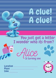 a blue dog is sitting on top of a pink and blue striped background with the words alice is turning one