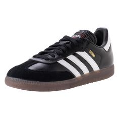 adidas Samba Indoor Soccer Shoe Core Black/Cloud White/Vivid red. The Samba is the legendary training shoe worn throughout the world. Features a full-grain leather upper, three-profile gum rubber outsole, brushed nylon lining, and full shell overlap construction. Also features a non-folding mid-length synthetic tongue and a non-removable foam insole. Recommended for indoor and dry artificial surfaces. Leather Training Sneakers With Rubber Sole, Leather Training Sneakers With Round Toe, Leather Training Sneakers With White Sole, Classic Adidas Leather Skate Shoes, Classic Leather Adidas Skate Shoes, Adidas Leather Skate Shoes With Logo, Adidas Leather Skate Shoes With Round Toe, Adidas Leather Sneakers For Skateboarding, Adidas Leather Skateboarding Sneakers