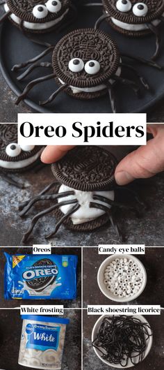 oreo spider cookies on a black plate with white chocolate sprinkles and eyes