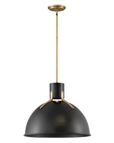 a black and gold pendant light hanging from a ceiling fixture on a white background,