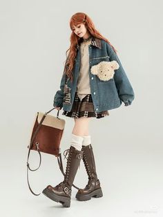 Patch Denim Jacket, Pleated Plaid Skirt, Patch Denim, Denim Jacket Patches, Plaid Skirt, Kawaii Clothes, Character Outfits, Cute Fashion