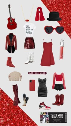 a collage of red and black items on a white background with text that reads, all you need is love