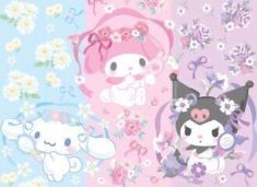 three cartoon animals are standing in front of some flowery wallpaper and one is wearing a pink hat