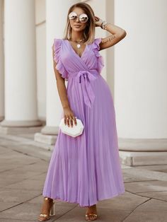 Tied Surplice Cap Sleeve Pleated Dress - Sydney So Sweet Lavender V-neck Dress For Formal Occasions, Purple Solid Color Midi Dress For Summer, Summer Purple Solid Midi Dress, Summer Purple Solid Color Midi Dress, Purple Dresses For Spring, Purple Solid Color Dress For Spring, Purple Pleated Maxi Dress, Summer Purple Midi Dress For Formal Occasions, Feminine Lavender Chiffon Dress