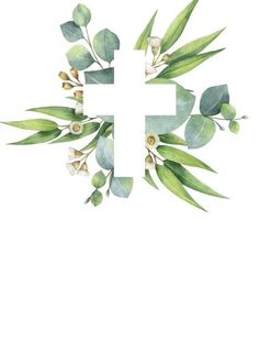 a cross surrounded by green leaves and flowers