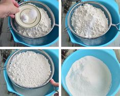 four pictures showing how to make flour in a bowl