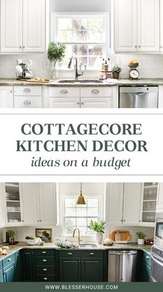 a kitchen with white cabinets and green counter tops is featured in the article cottage decor ideas on a budget