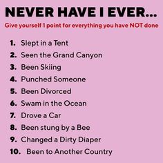 a pink poster with the words never have i ever