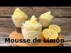 three desserts on a wooden board with the words mousse de limoon