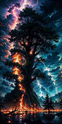 a painting of a tree with lightning coming out of it's trunk in the sky