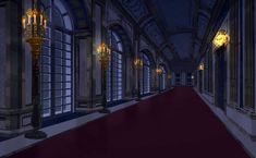 a long hallway with many windows and lamps on either side of the corridor is lit up at night