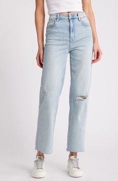 Made to look like well-loved favorites, these stretchy straight-leg jeans are distressed with threadbare rips, bleach splatters and ankle-grazing raw hems. 28" inseam; 11 1/2" front rise Zip fly with button closure Five-pocket style 93% cotton, 5% polyester, 2% spandex Machine wash, tumble dry Imported Distressed Straight Denim Jeans, Straight Distressed Denim Jeans, Light Wash Ripped Cropped Jeans, Distressed Relaxed Fit Mid-rise Jeans, Distressed Mid-rise Relaxed Fit Jeans, Distressed Straight Leg Cropped Cotton Jeans, Distressed Straight Leg Cropped Jeans, Ripped Straight Leg Cropped Denim Jeans, Distressed Cotton Straight Leg Cropped Jeans