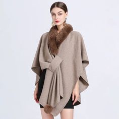 Faux Rabbit Fur Collar Half Sleeve Poncho Women Loose Knit Cape High quality fashion elegant cape shawl coatHigh-grade faux rabbit fur collar and artificial wool, feels the same to the touch as the real thingOne Size:Oversize Relaxed style, suitable for allUnrestricted bust, length is 83cm Fashion Poncho, Faux Fur Cape, Faux Fur Shawl, Poncho Crochet, Cape Designs, Fall Outerwear, Poncho Wrap, Knitted Cape, Loose Fashion