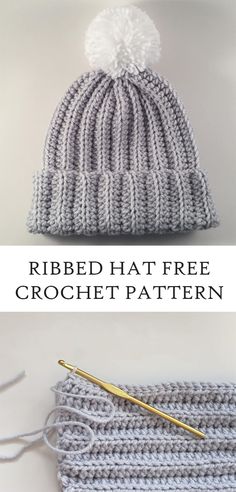 a crocheted hat with the text ribbed hat free crochet pattern