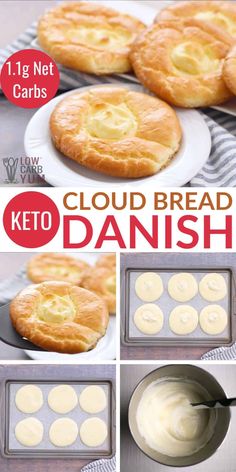 the steps to making cloud bread danish are shown in three different pictures, including one being baked