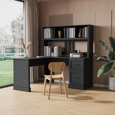 a desk with a chair and bookshelf next to a window