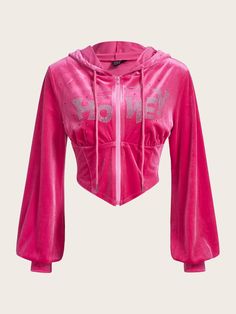 Letter Rhinestone Zip Up Velvet Hoodie Hot Pink Casual  Long Sleeve Flannelette Letter Zip Up Slight Stretch  Women Clothing, size features are:Bust: ,Length: ,Sleeve Length: Pink Y2k Top, Yellow Shirt Men, Stile Boho Chic, Outfit Korean Style, Catty Noir, Velvet Hoodie, Shein Icon, Pink Y2k, Outfits Y2k