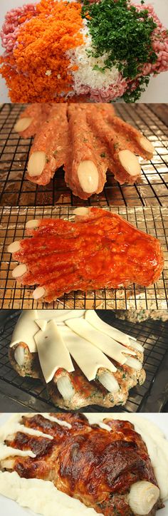 several different types of food are being cooked on the grill and placed on top of each other