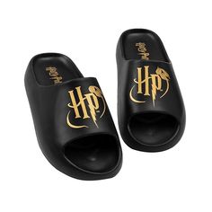 the hogwarts slippers are black with gold lettering on it and two harry potter symbols