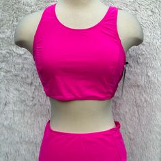 New Two Piece Pink Bikini Set Size Medium Tempt Me 82% Nylon 18% Spandex #B9 Fitted Nylon Tankini With Built-in Padding, Fitted Activewear With Built-in Padding For Beach, Sleeveless Swimwear With Built-in Padding, Fitted Sports Bra With Built-in Padding For Summer, Fitted Workout Tankini With Built-in Bra, Workout Swimwear With Built-in Bra, Summer Sports Bra With Built-in Padding, Summer Swimwear With Built-in Padding, High Stretch Swimwear With Built-in Padding For Summer