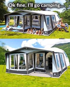 two pictures showing the inside and outside of a mobile home with people sitting on lawn chairs