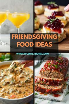 four pictures with different foods and drinks in them, including breads, cheesecakes, cranberry sauce, meatloaf