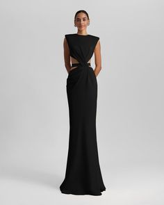 Black Long Dress With Cut-Outs Asymmetrical Evening Dress, Black Long Dress, Candle Bags, Draped Skirt, Long Black Dress, Knit Pants, Dress Cuts, Crepe Fabric, Asymmetrical Dress